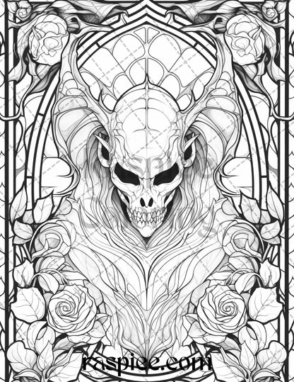 70 Halloween Stained Glass Grayscale Coloring Pages Printable for Adults, PDF File Instant Download