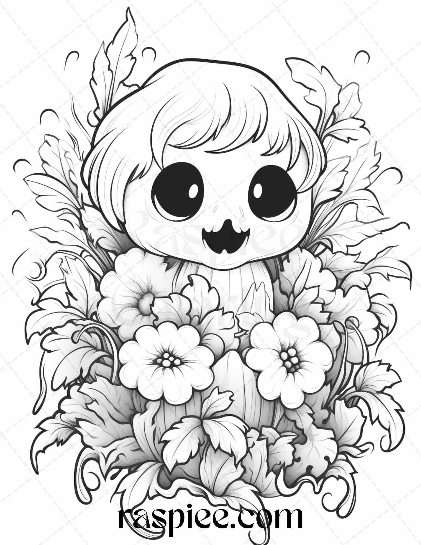 50 Halloween Cute Ghosts Grayscale Coloring Printable for Adults Kids, PDF File Instant Download