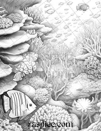 Ocean Life Grayscale Coloring Pages Printable for Adults Relaxation and Creativity, PDF File Instant Download