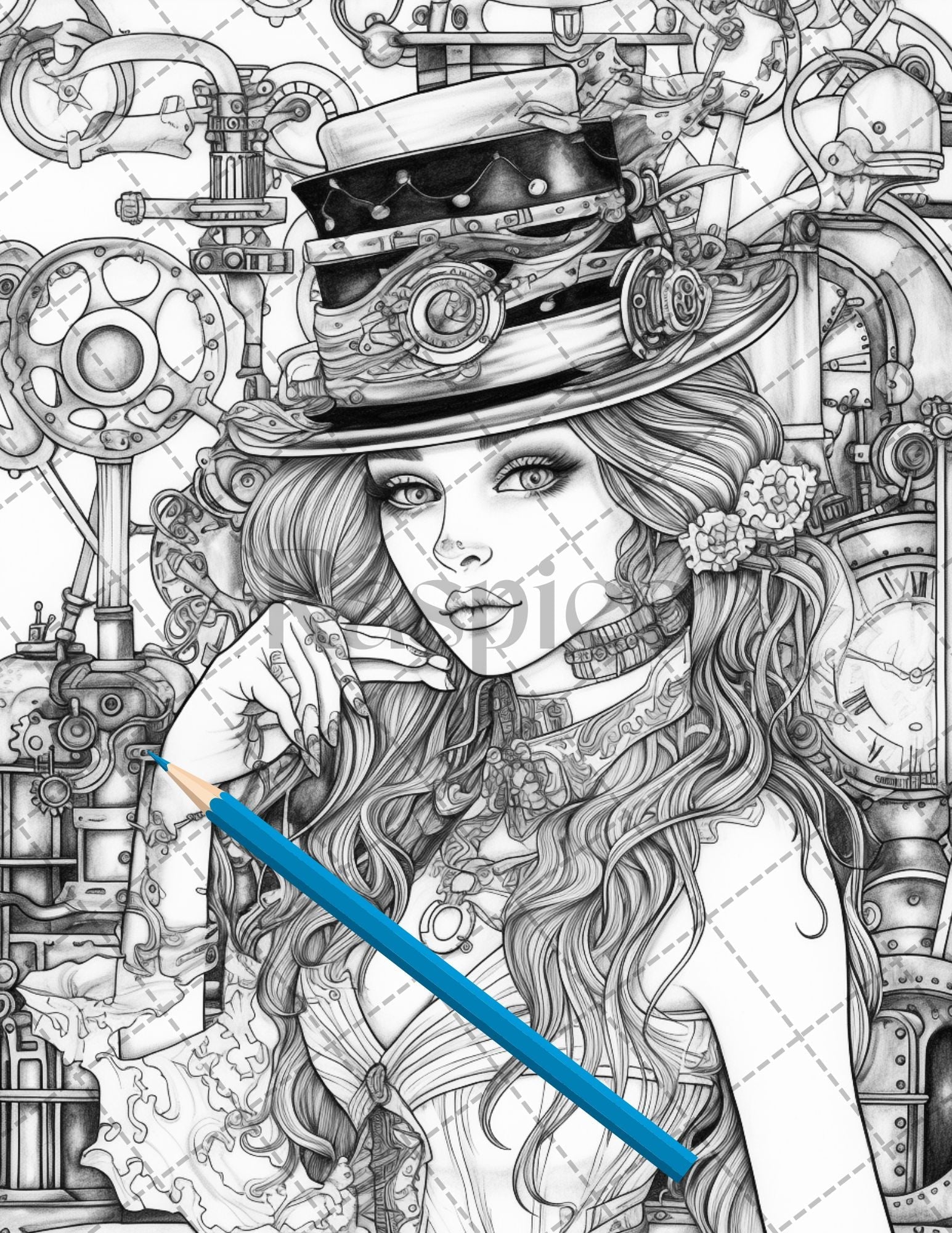 30 Steampunk Girls Coloring Pages Printable for Adults, Victorian Inspired Adult Grayscale Coloring Book, PDF File Download