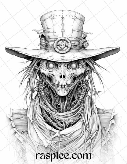 53 Scary Steampunk Scarecrows Grayscale Coloring Pages Printable for Adults, PDF File Instant Download
