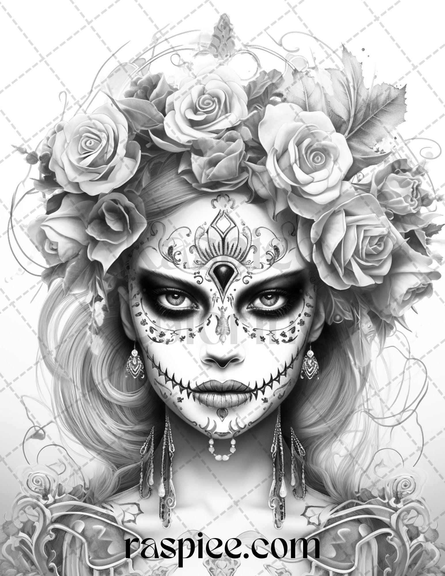 55 Halloween Girls Grayscale Coloring Pages Printable for Adults, PDF File Instant Download