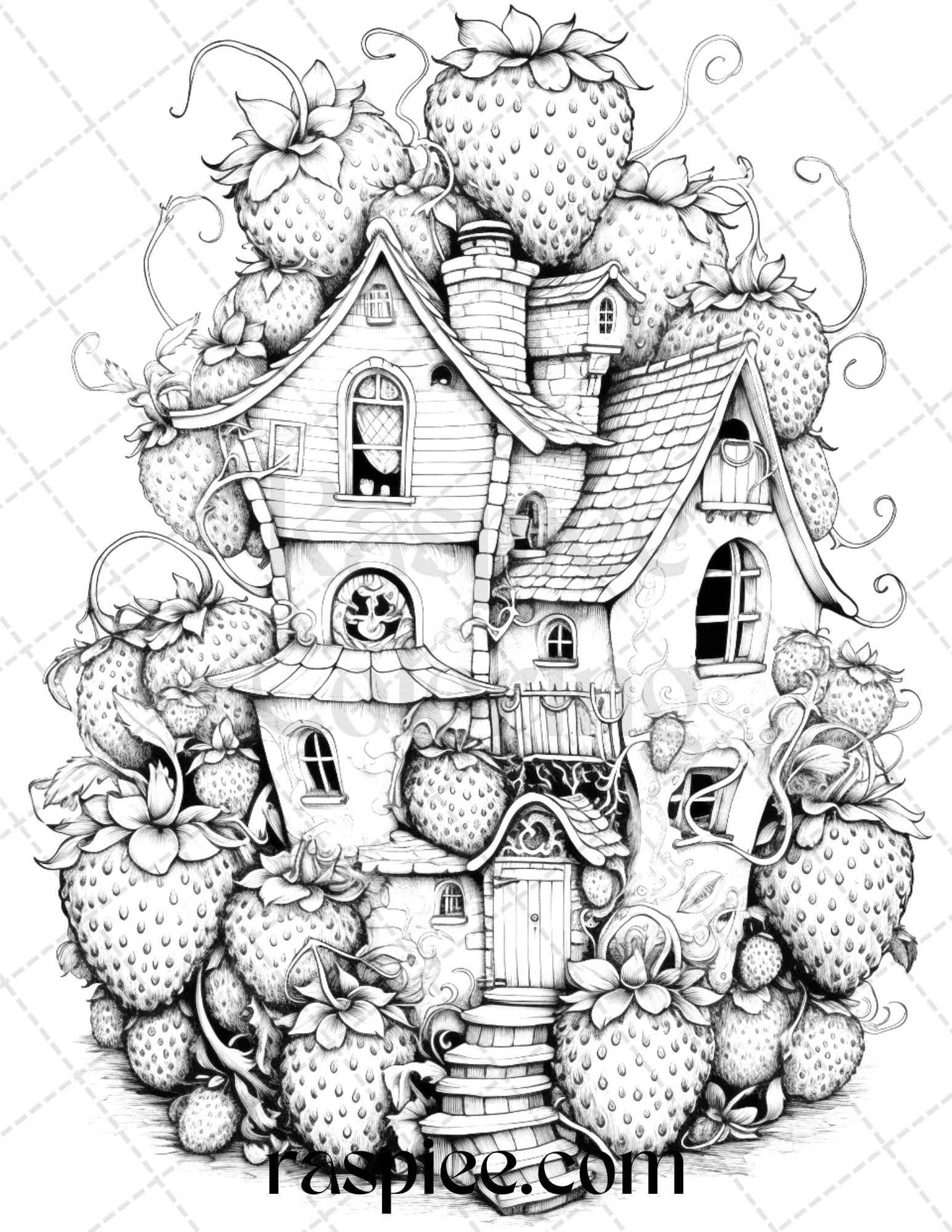 50 Strawberry Houses Grayscale Coloring Pages Printable for Adults Kids, PDF File Instant Download