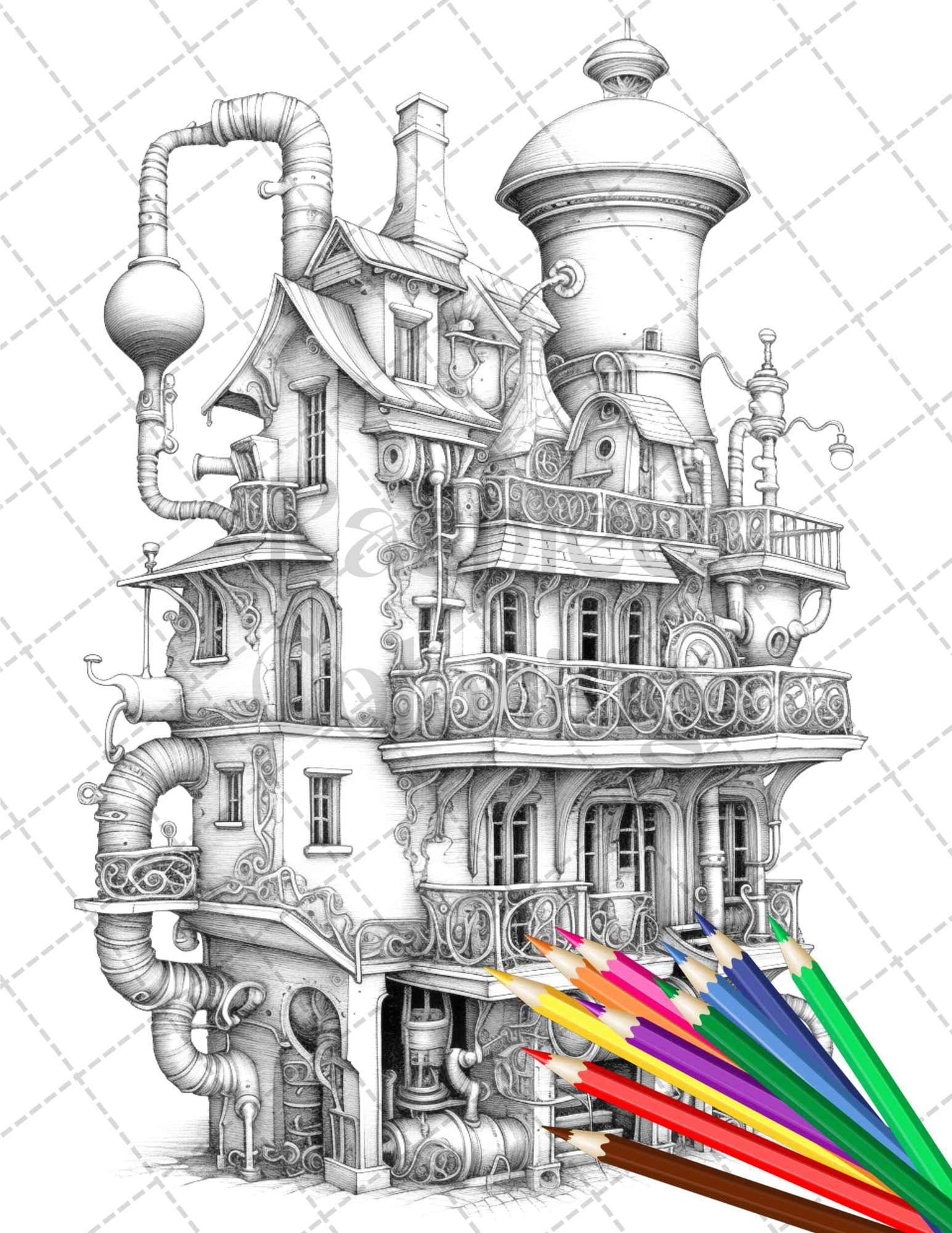 50 Steampunk Houses Grayscale Coloring Pages Printable for Adults, PDF File Instant Download