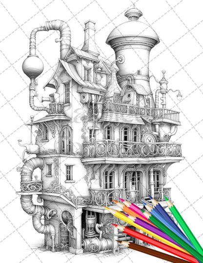 50 Steampunk Houses Grayscale Coloring Pages Printable for Adults, PDF File Instant Download