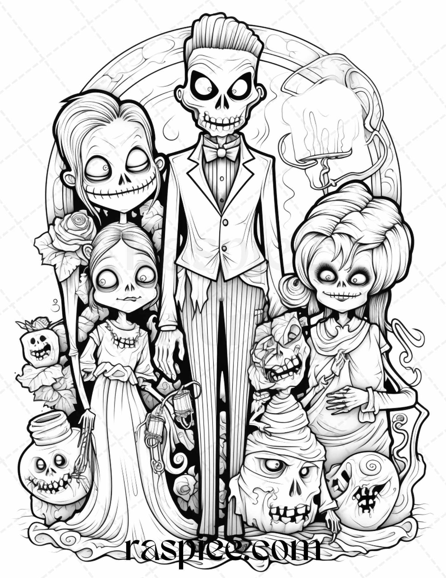 50 Monster Family Grayscale Coloring Pages Printable for Adults - Instant Download, Halloween Coloring Book, Fun and Spooky Designs