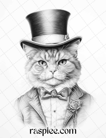 Gentleman Cat Grayscale Coloring Pages Printable for Adults Kids, PDF File Instant Download