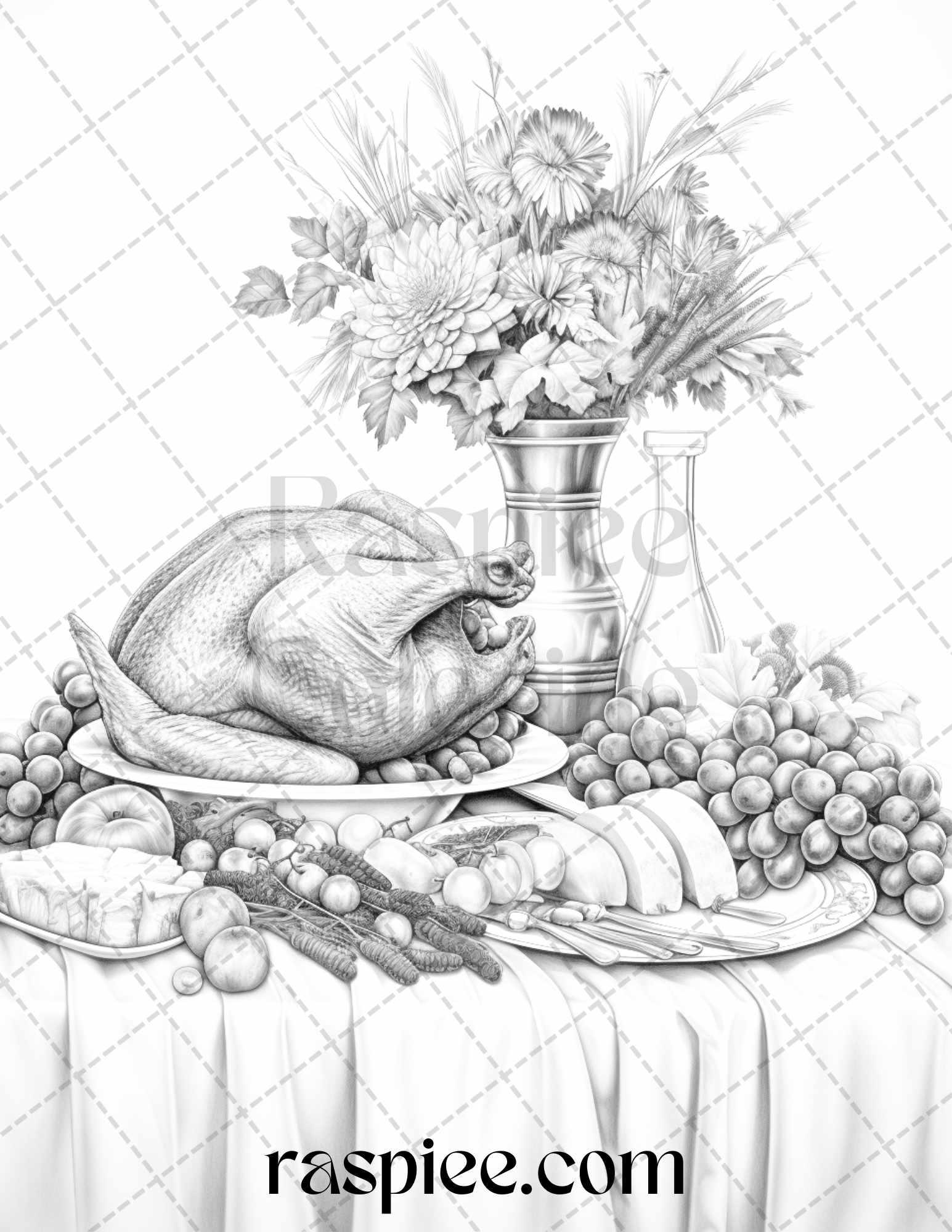 Thanksgiving Dinner Grayscale Coloring Pages for Adults, Relaxing Fall Coloring Sheets, Printable PDF File Instant Download
