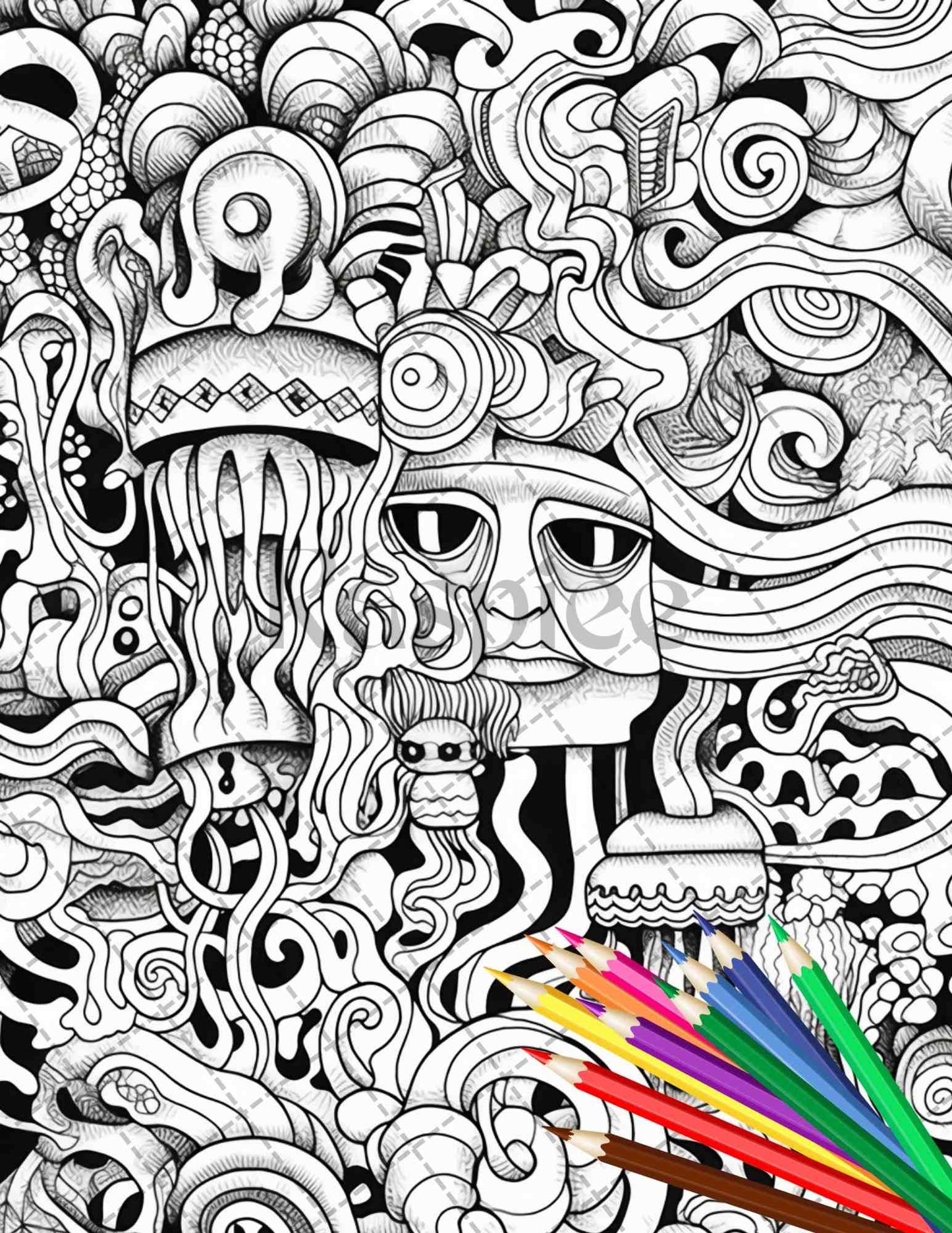 Psychedelic Trippy Coloring Book Printable for Adults, Grayscale Coloring Page, PDF File Instant Download