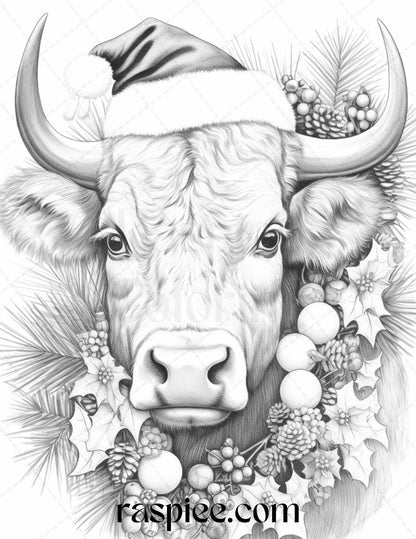 70 Christmas Animals Grayscale Coloring Pages Printable for Adults, PDF File Instant Download