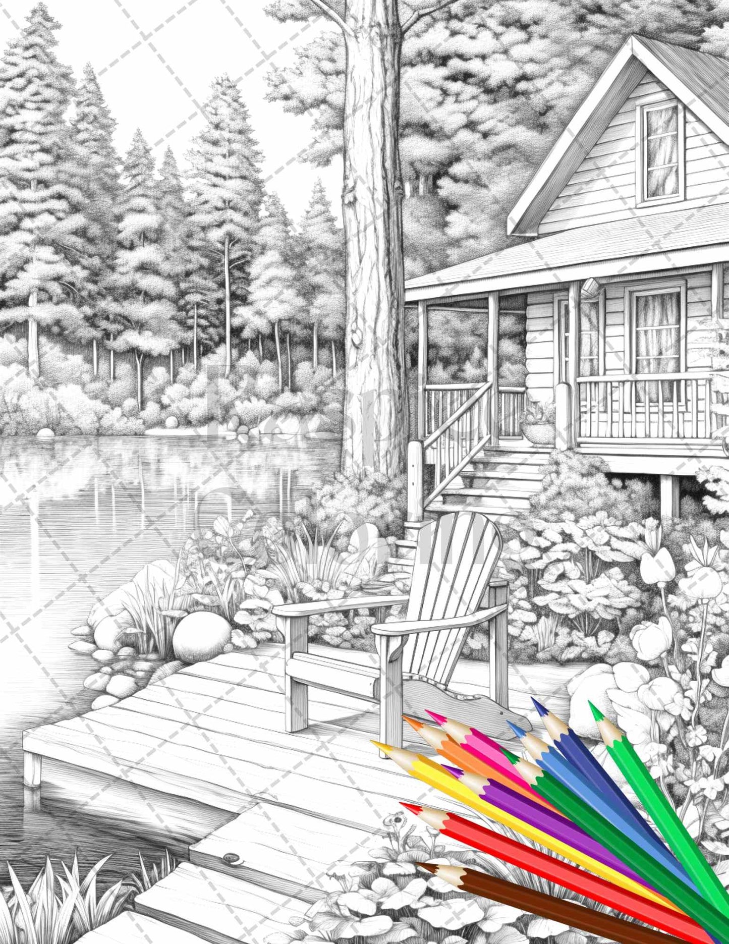 Lake Cabin Scenery Grayscale Coloring Pages Printable for Adults, PDF File Instant Download