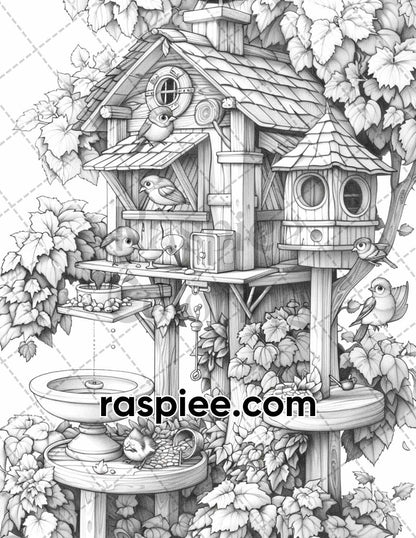 70 Enchanted Birdhouses Grayscale Adult Coloring Pages, Printable PDF Instant Download