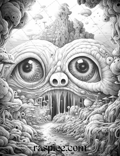 53 Surreal Creatures Grayscale Coloring Pages for Adults, Printable PDF File Instant Download