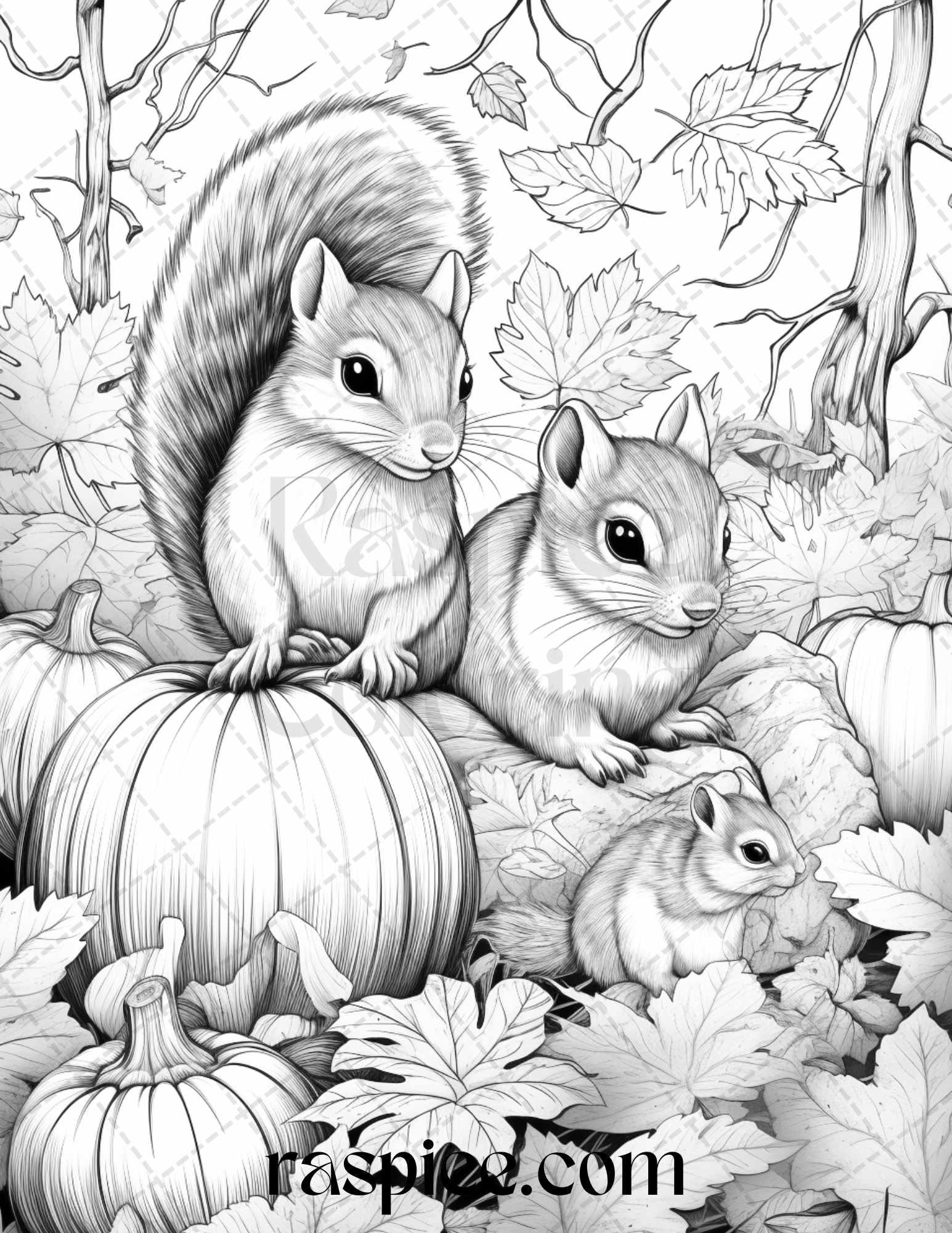Autumn Animals Grayscale Coloring Pages for Adults and Kids, Printable PDF File Instant Download