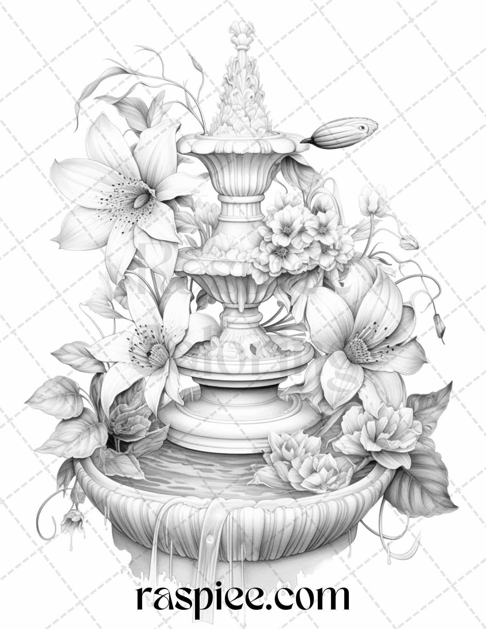 32 Blooming Fountains Grayscale Coloring Pages Printable for Adults, PDF File Instant Download