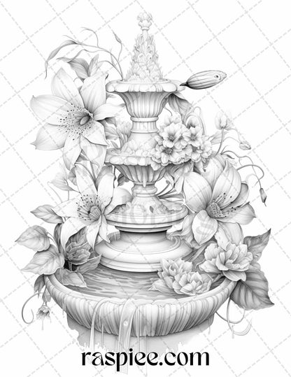 32 Blooming Fountains Grayscale Coloring Pages Printable for Adults, PDF File Instant Download
