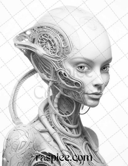 65 Alien Portrait Grayscale Coloring Pages for Adults, Printable PDF File Instant Download
