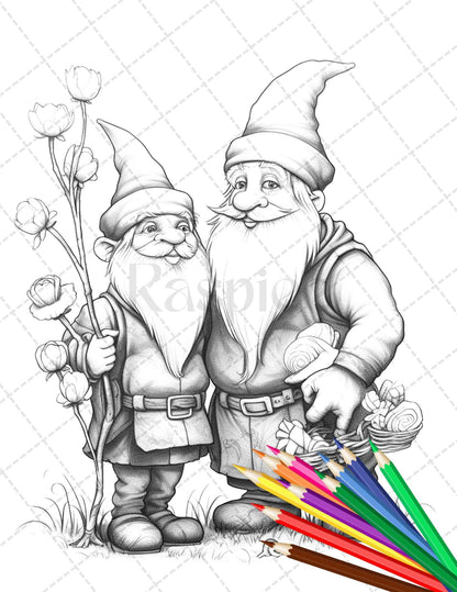 33 Gnome Love Coloring Pages Printable for Adults, Grayscale Coloring Page, PDF File Instant Download