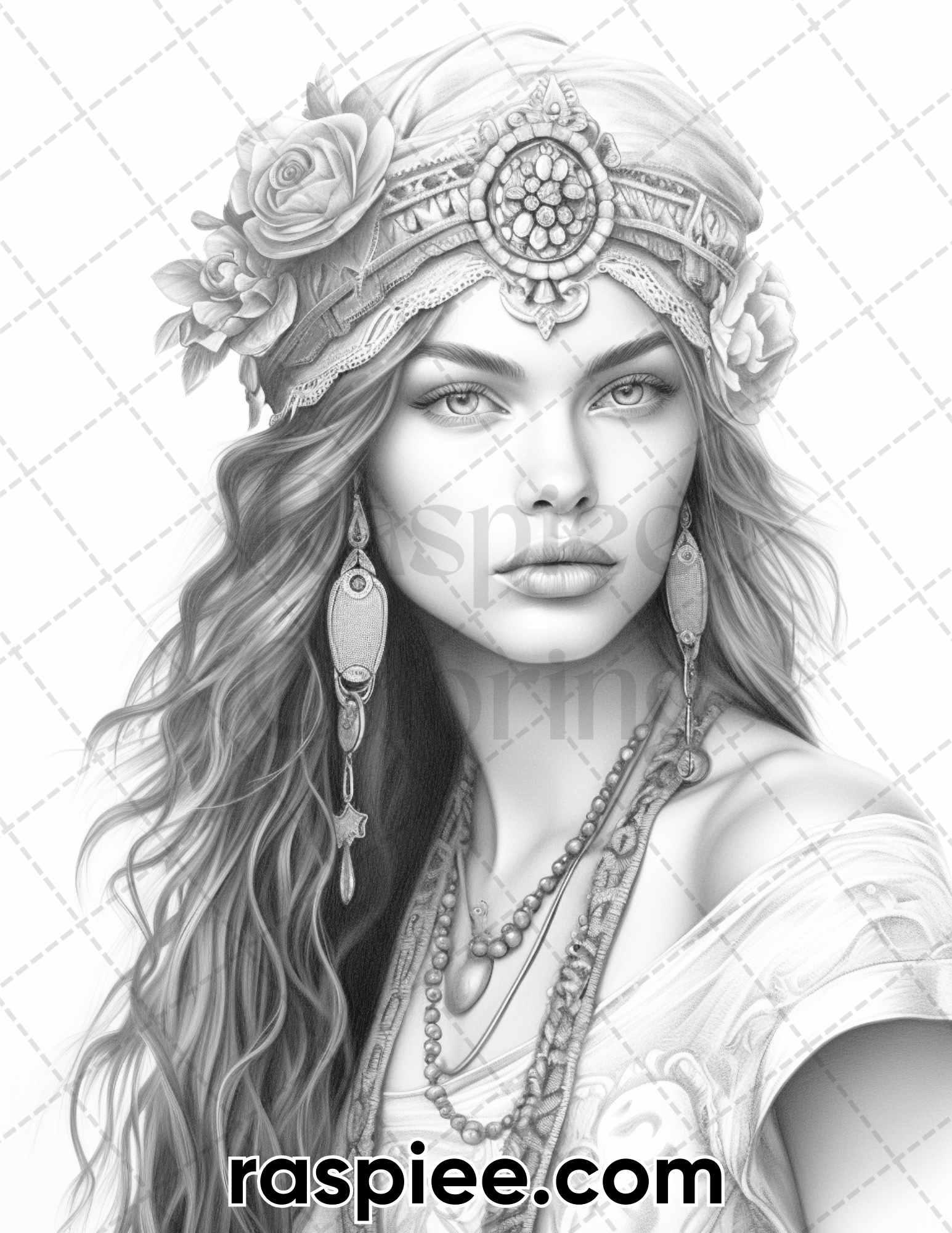 60 Bohemian Beauties Grayscale Coloring Pages for Adults, Printable PDF Instant Download