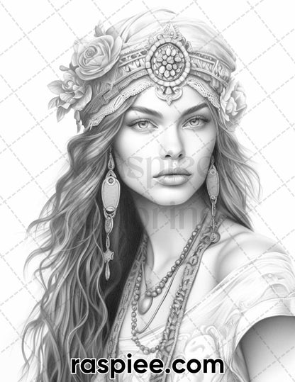 60 Bohemian Beauties Grayscale Coloring Pages for Adults, Printable PDF Instant Download
