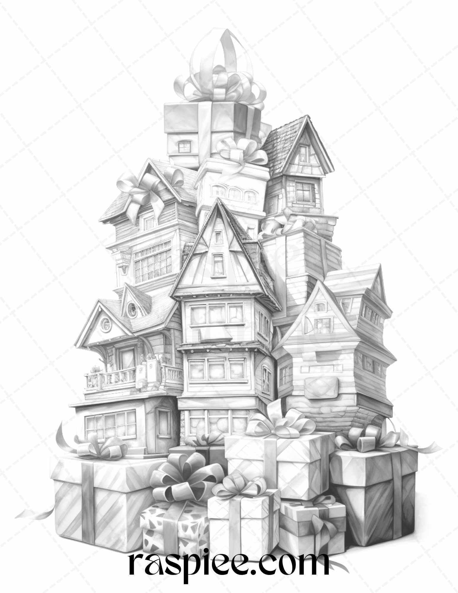 40 Adorable Gift Box Houses Grayscale Coloring Pages Printable for Adults Kids, PDF File Instant Download