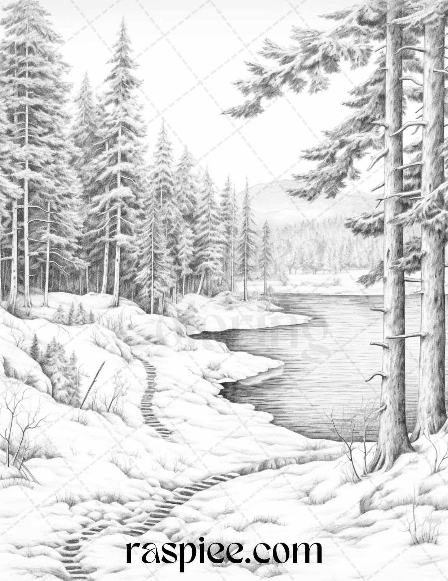 Winter Scenery Grayscale Coloring Pages Printable, Relaxing Snowy Landscapes, PDF File Instant Download