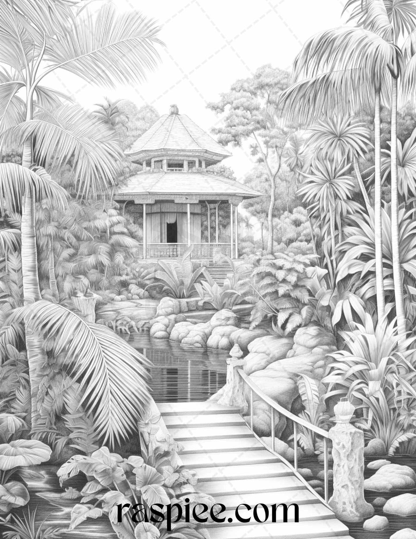 52 Tropical Oasis Grayscale Coloring Pages Printable for Adults, PDF File Instant Download