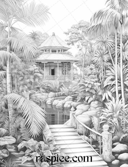 52 Tropical Oasis Grayscale Coloring Pages Printable for Adults, PDF File Instant Download