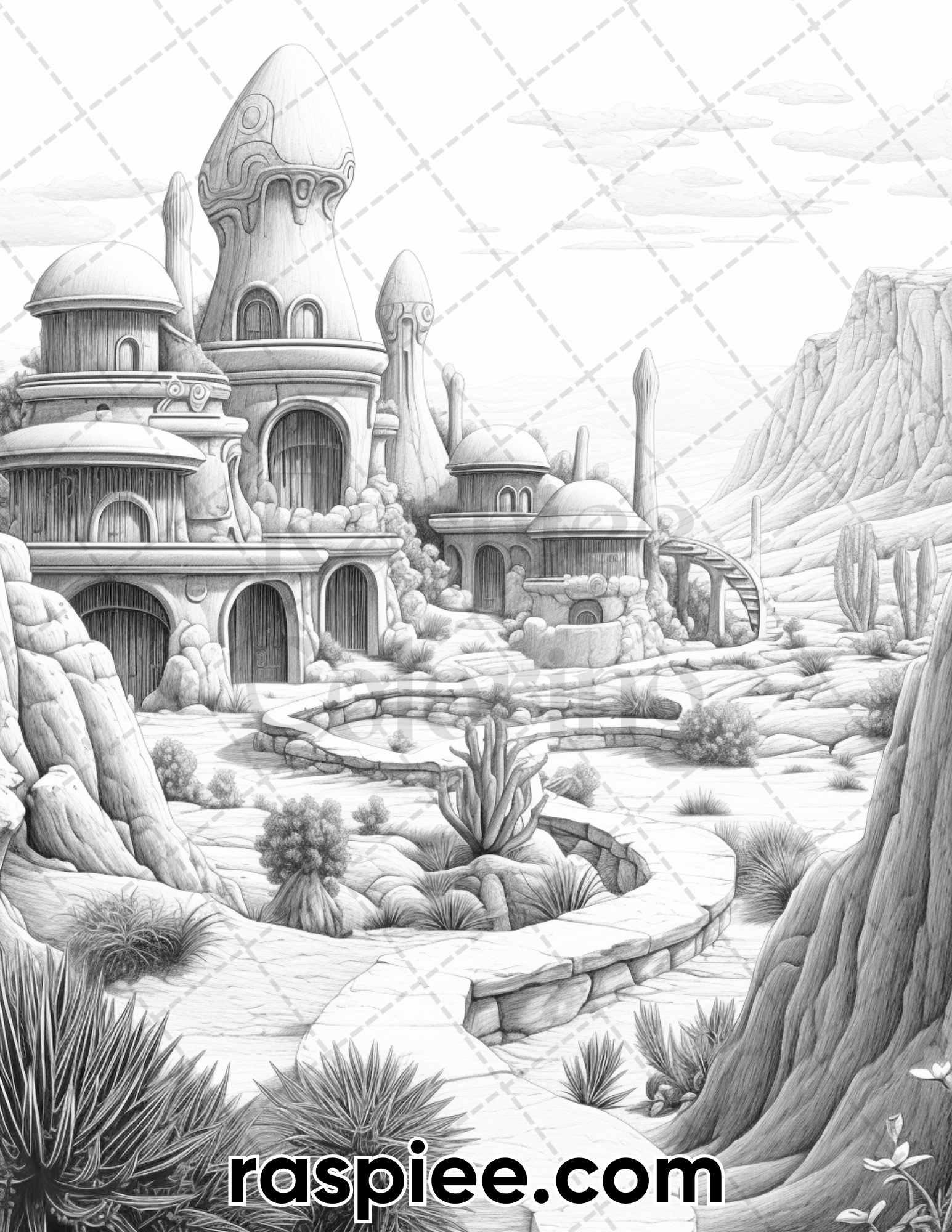 55 Desert Oasis Fairy Homes Grayscale Coloring Pages for Adults, Printable PDF Instant Download