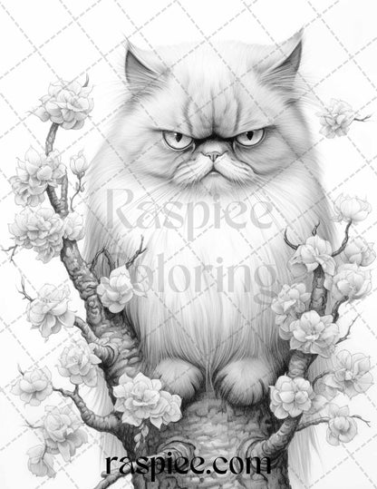 50 Grumpy Cat Grayscale Coloring Pages Printable for Adults, PDF File Instant Download