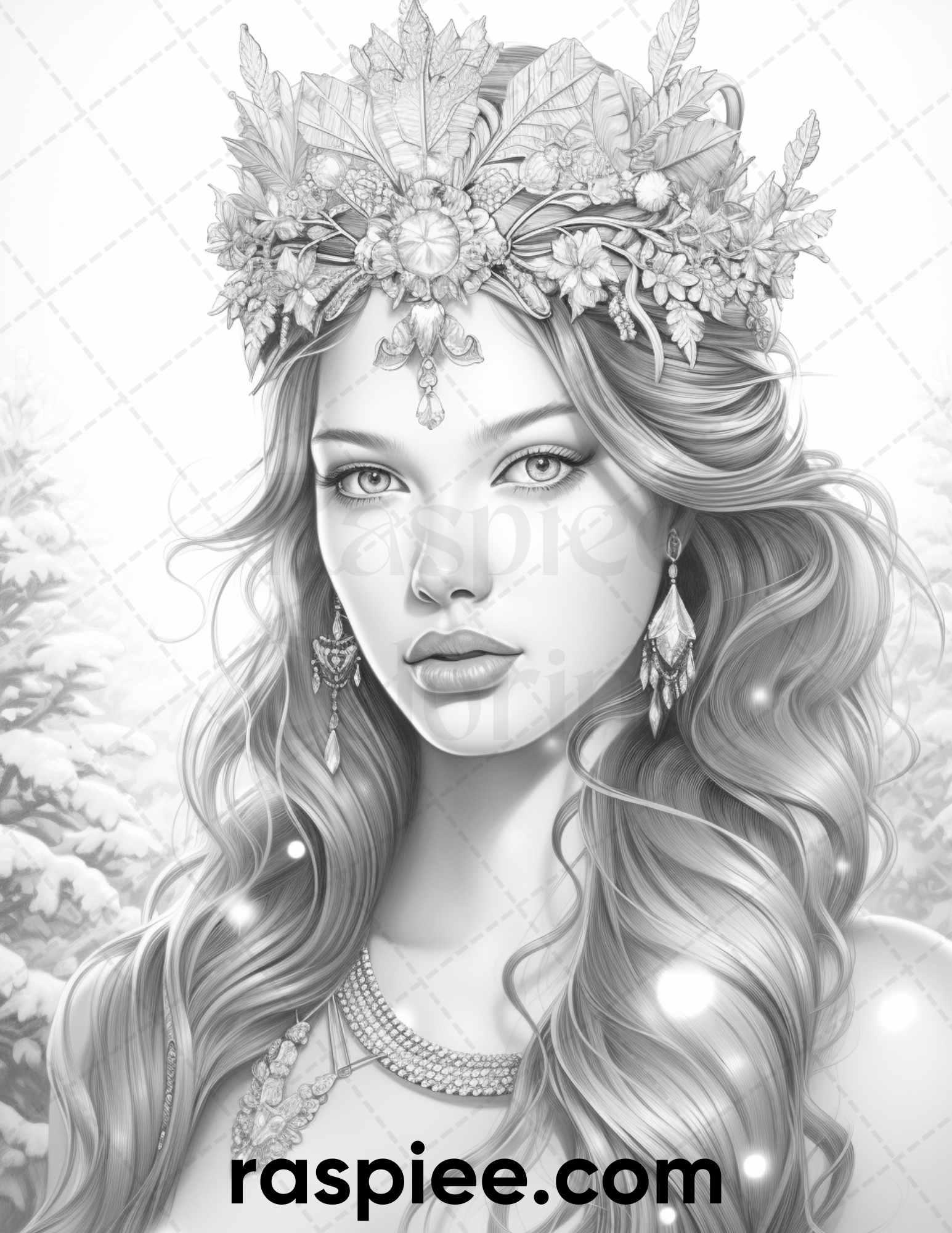 50 Winter Queens Portrait Grayscale Coloring Pages Printable for Adults, PDF File Instant Download