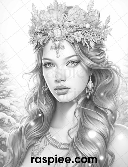 50 Winter Queens Portrait Grayscale Coloring Pages Printable for Adults, PDF File Instant Download