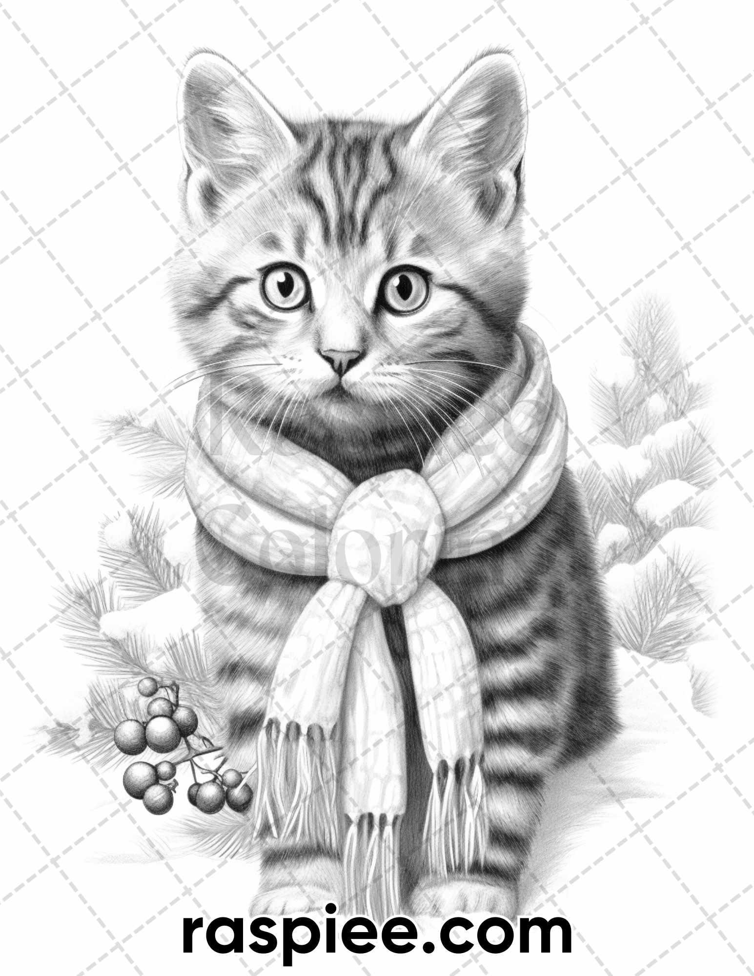 40 Christmas Cats Grayscale Coloring Pages for Adults, Printable PDF Instant Download