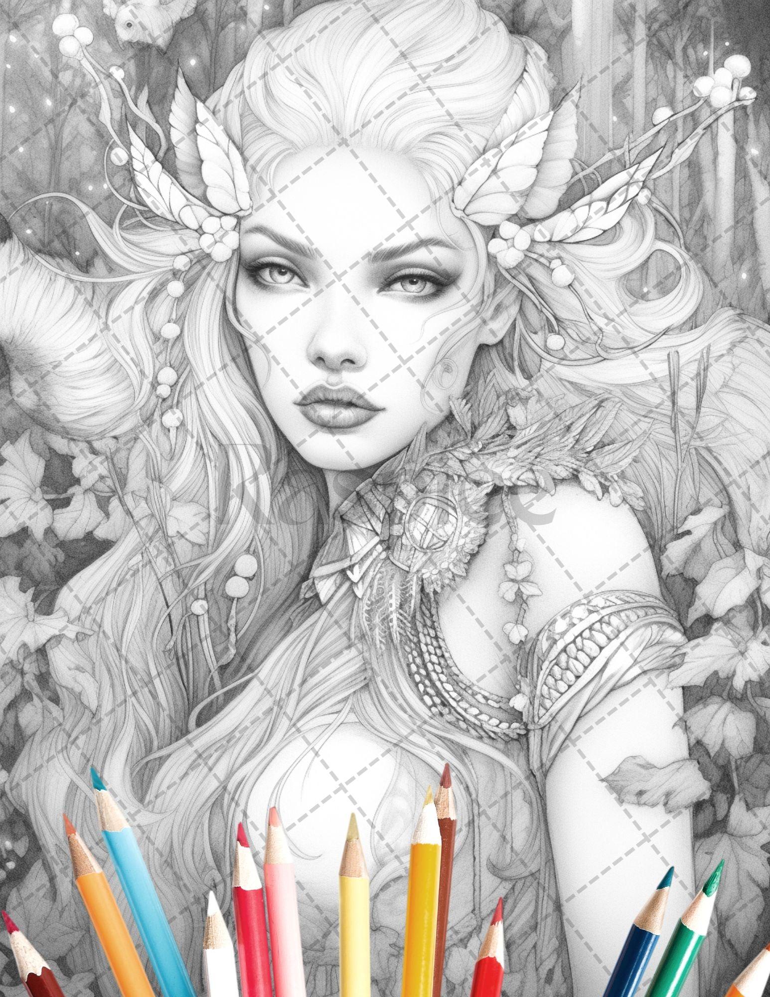 35 Beautiful Printable Elf Girls Coloring Book for Adults, Grayscale Coloring Page, PDF File Instant Download