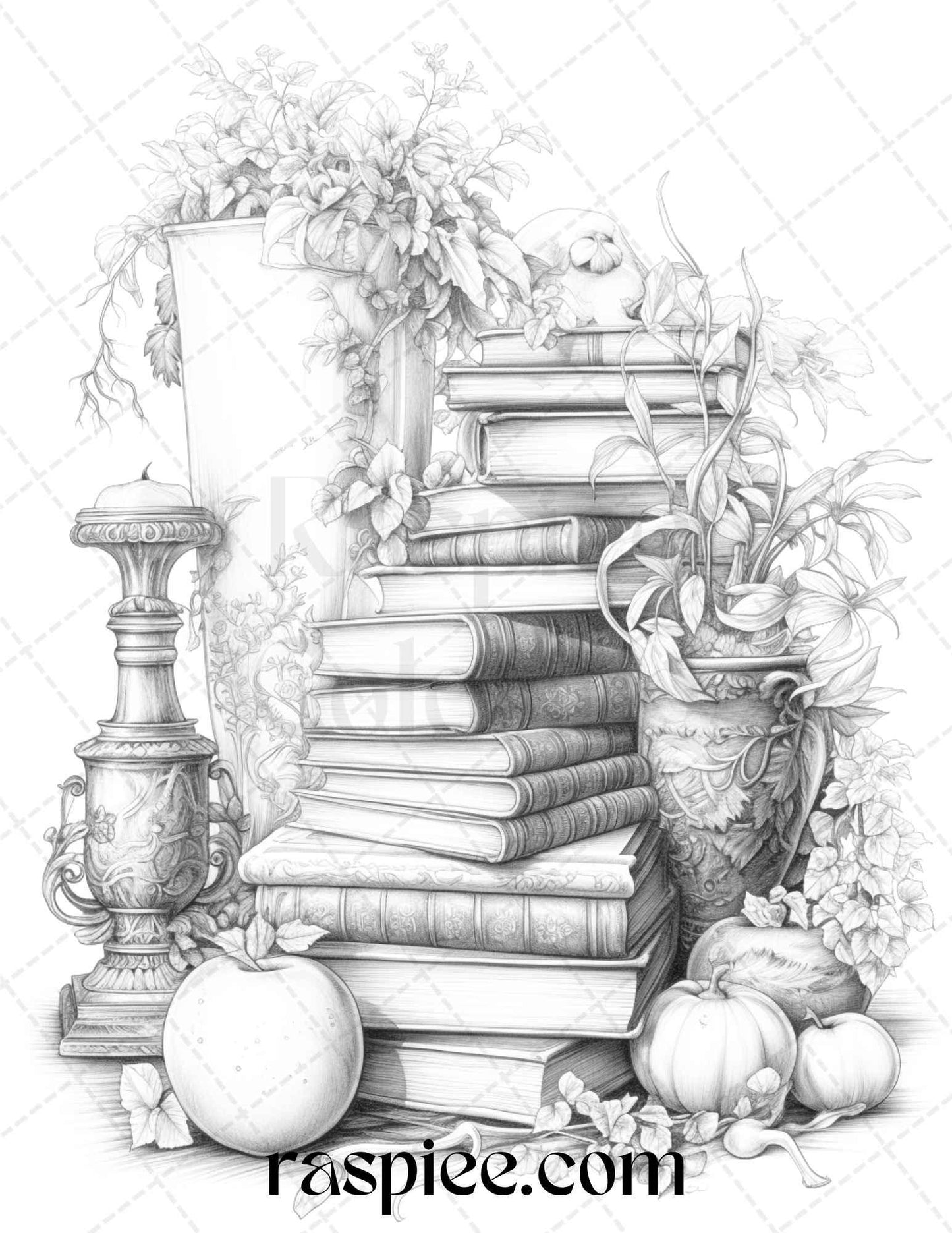 50 Magical Books Grayscale Coloring Pages Printable for Adults, PDF File Instant Download