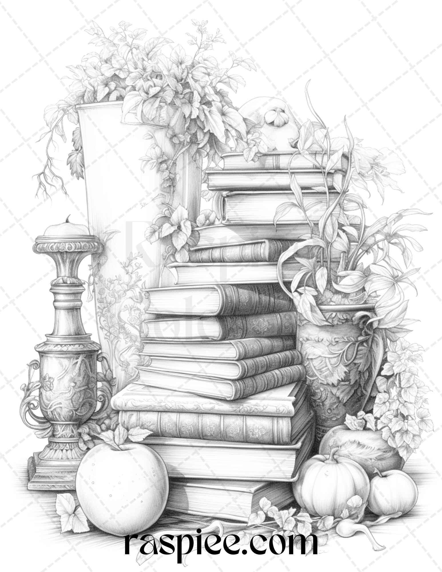 50 Magical Books Grayscale Coloring Pages Printable for Adults, PDF File Instant Download