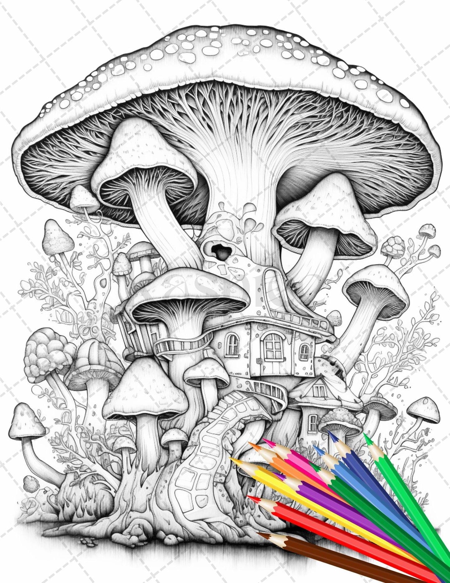 Psychedelic Mushroom Forest Coloring Book Printable for Adults, Trippy Grayscale Coloring Page, PDF File Instant Download