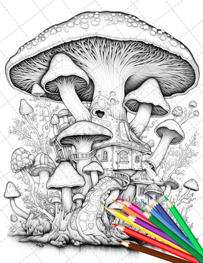 Psychedelic Mushroom Forest Coloring Book Printable for Adults, Trippy Grayscale Coloring Page, PDF File Instant Download