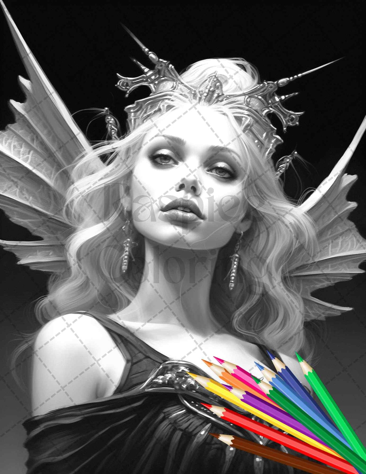 Beautiful Dark Fairy Grayscale Coloring Pages Printable for Adults, PDF File Instant Download