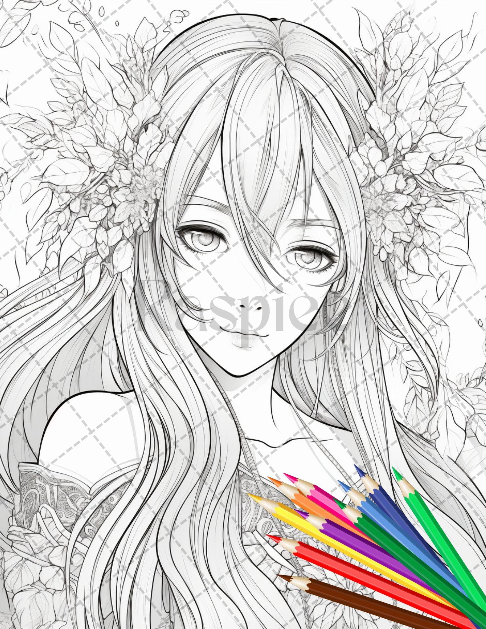 32 Anime Fairy Girl Printable Coloring Pages for Adults, Cute Fairy Grayscale Coloring Book, Printable PDF File Download