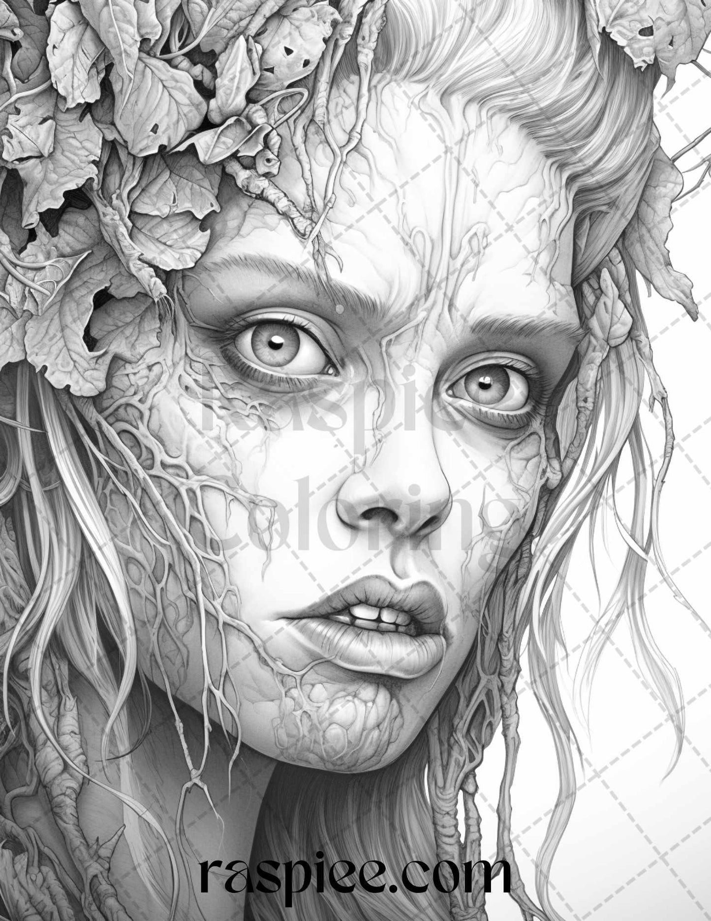 60 Halloween Zombie Fairy Grayscale Coloring Pages Printable for Adults, PDF File Instant Download
