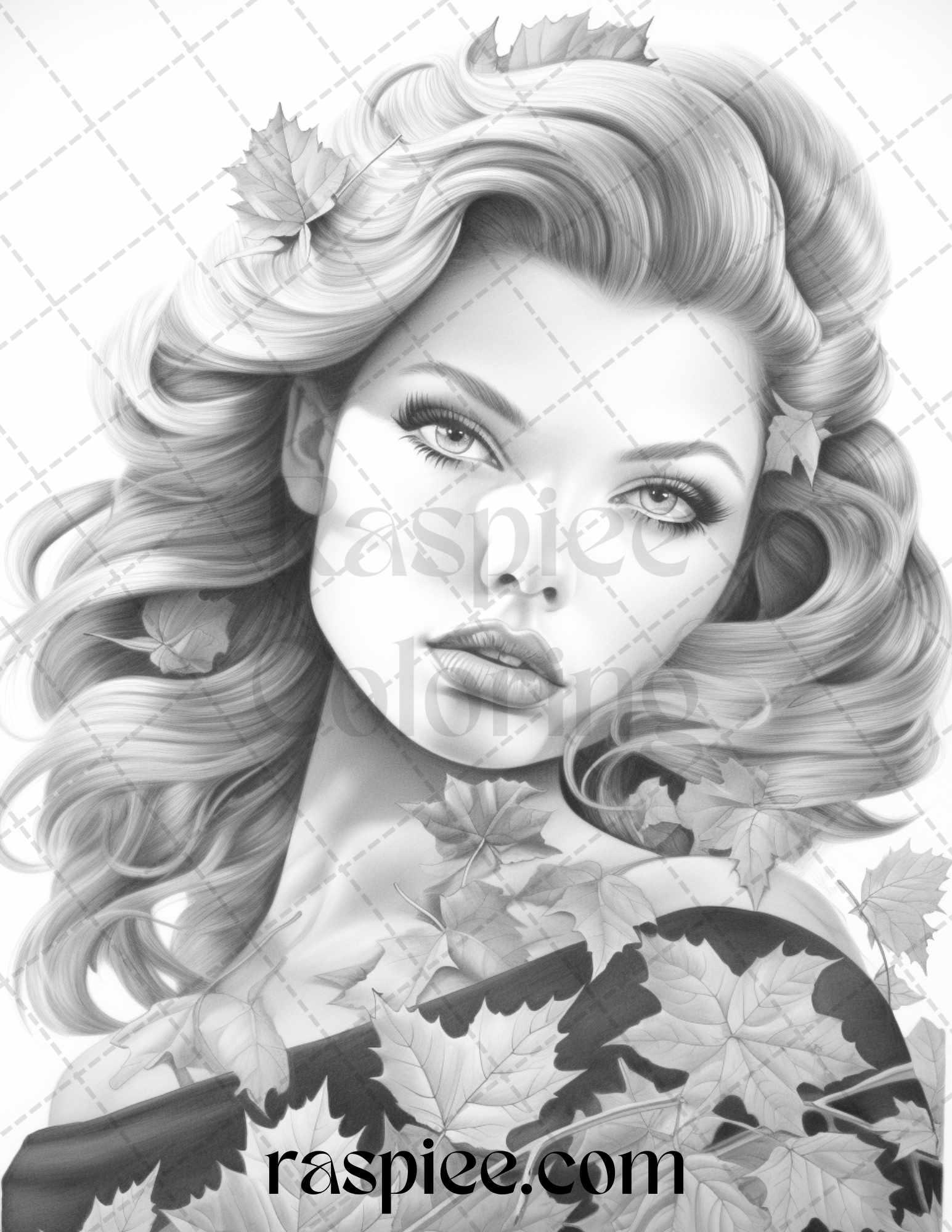 55 Autumn Pin Up Girls Grayscale Coloring Pages Printable for Adults, PDF File Instant Download
