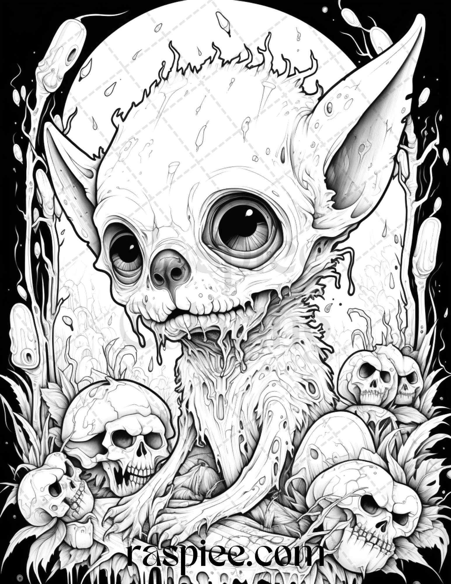 50 Halloween Scary Animals Grayscale Coloring Pages Printable for Adults, PDF File Instant Download