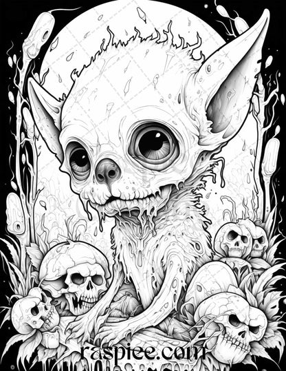 50 Halloween Scary Animals Grayscale Coloring Pages Printable for Adults, PDF File Instant Download