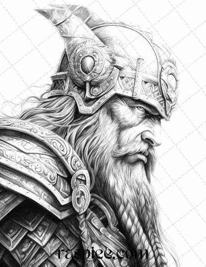 55 Viking Warriors Portrait Grayscale Coloring Pages Printable for Adults, PDF File Instant Download