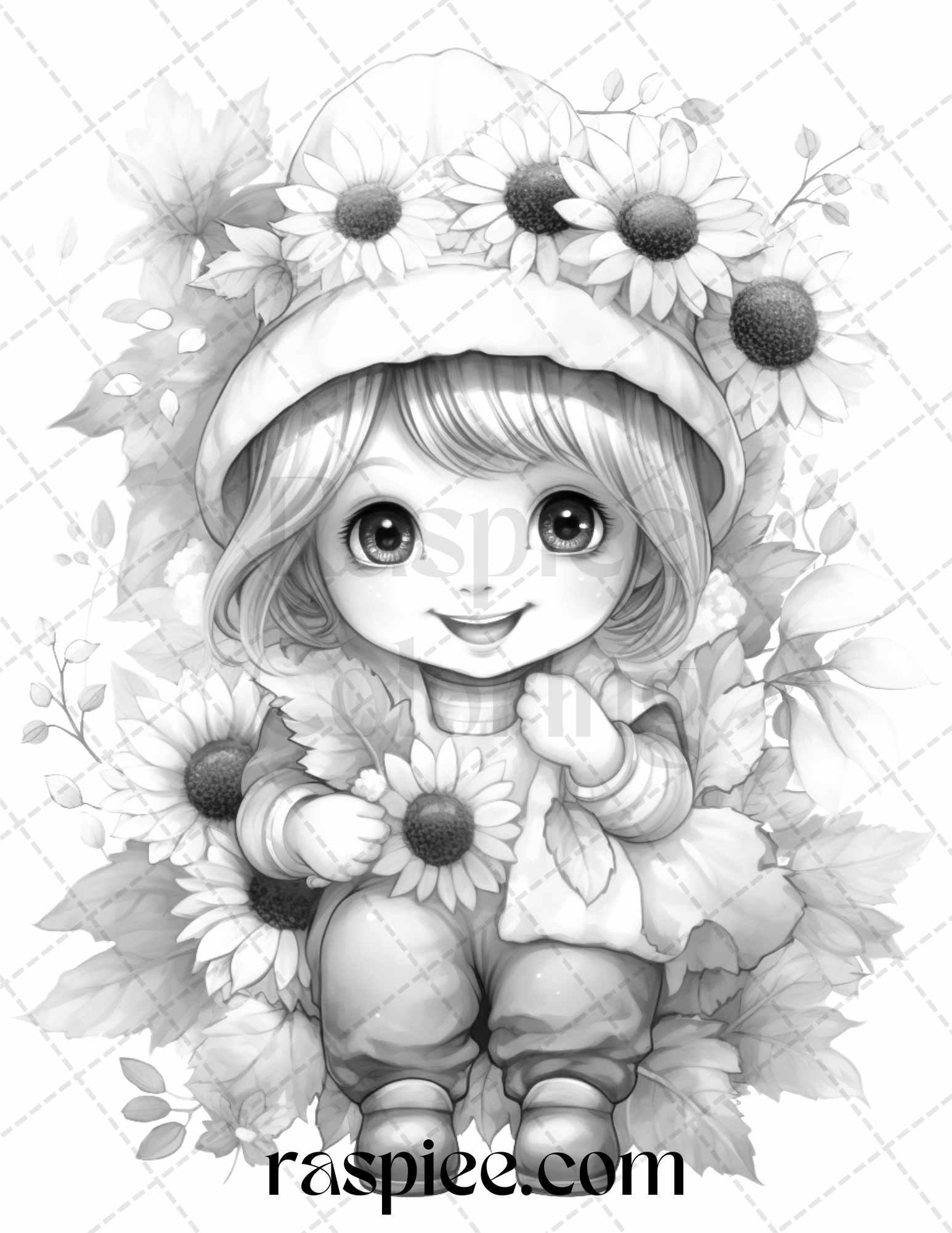 50 Flower Gnomes Grayscale Coloring Pages Printable for Adults Kids, PDF File Instant Download