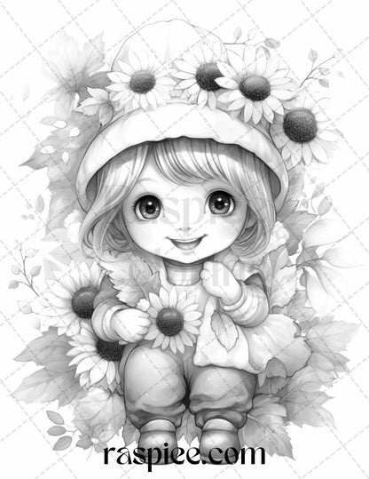 50 Flower Gnomes Grayscale Coloring Pages Printable for Adults Kids, PDF File Instant Download
