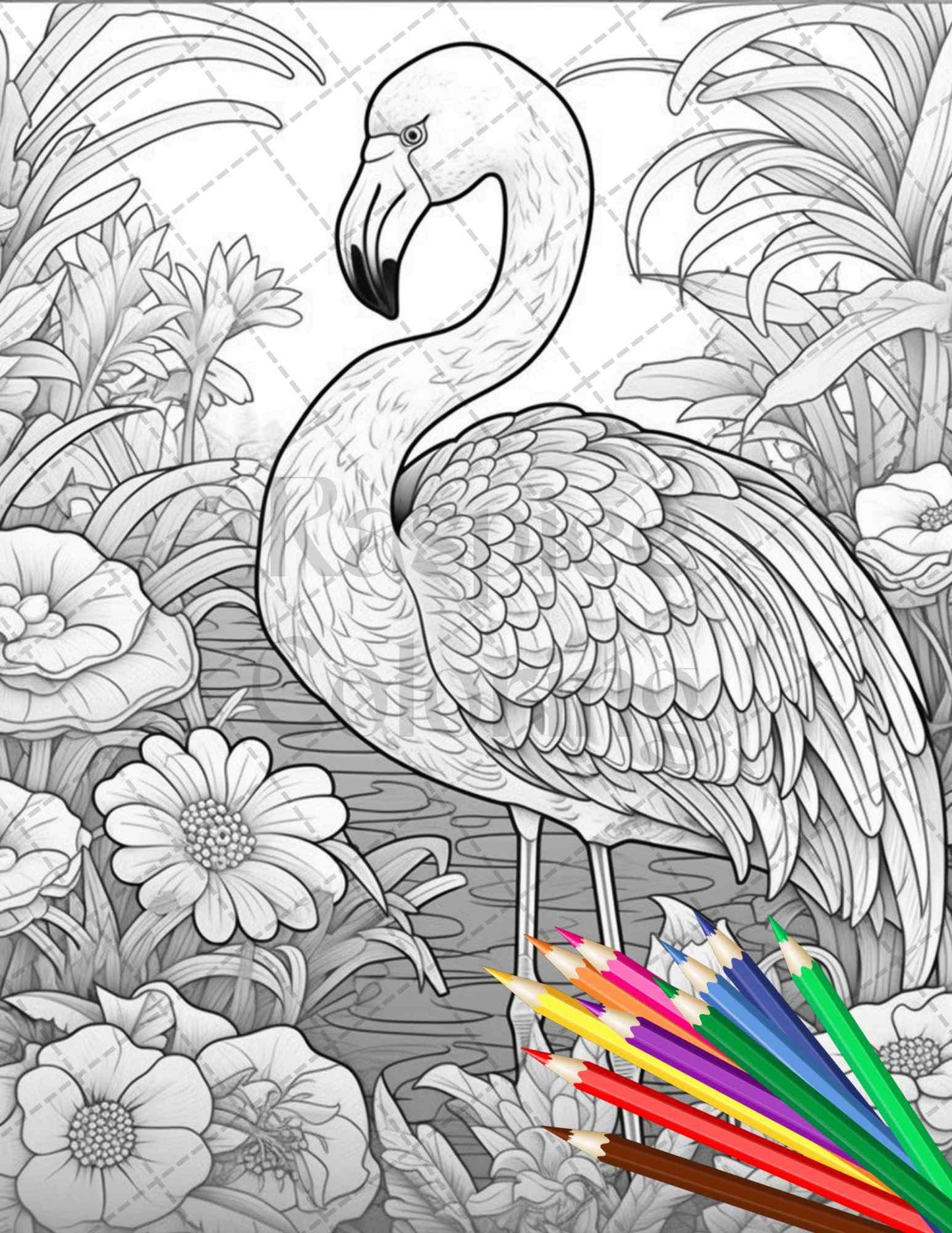 Flamingo Oasis Grayscale Coloring Pages Printable for Adults, PDF File Instant Download