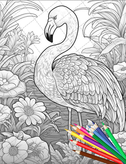 Flamingo Oasis Grayscale Coloring Pages Printable for Adults, PDF File Instant Download