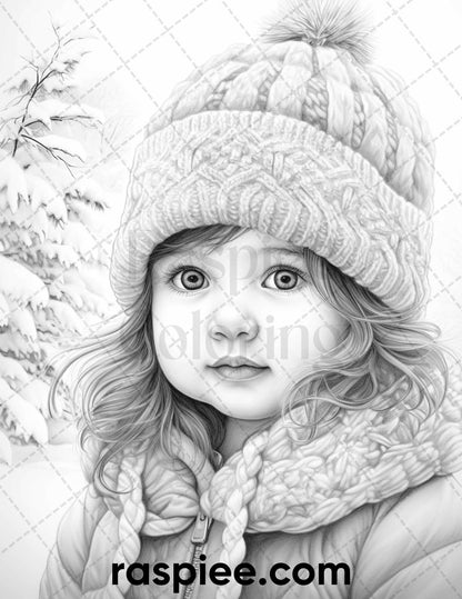 50 Baby Winter Portrait Grayscale Coloring Pages Printable for Adults, PDF File Instant Download
